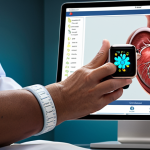 Personalized Cardiology & Wearable Tech**

Prompt: A modern cardiology clinic, focusing on a patient wearing a smartwatch (e.g., Apple Watch) while consulting with a doctor. The doctor is reviewing genetic screening results on a tablet. Background includes advanced medical equipment and DNA helix visualizations. Showcases the integration of wearable technology and personalized medicine in heart care.

**