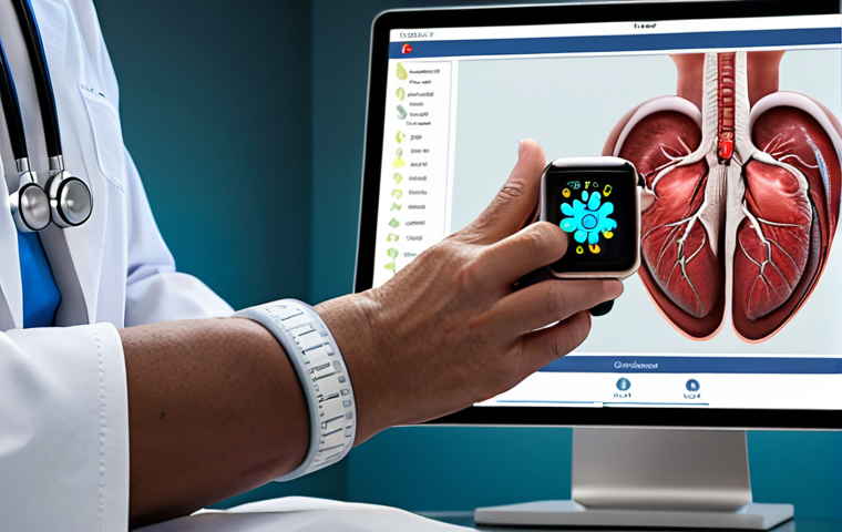 Personalized Cardiology & Wearable Tech**
Prompt: A modern cardiology clinic, focusing on a patient wearing a smartwatch (e.g., Apple Watch) while consulting with a doctor. The doctor is reviewing genetic screening results on a tablet. Background includes advanced medical equipment and DNA helix visualizations. Showcases the integration of wearable technology and personalized medicine in heart care.
**