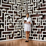 **A researcher looking overwhelmed at a maze representing the scientific writing process, with scattered data points and journal names as part of the maze's structure. The exit is labeled "Publication".** (This visually represents the initial feeling of being lost in the process.)