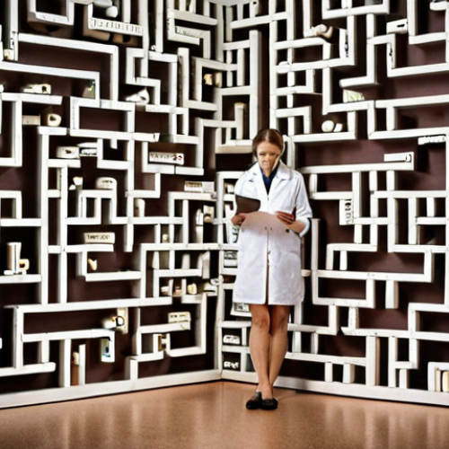 **A researcher looking overwhelmed at a maze representing the scientific writing process, with scattered data points and journal names as part of the maze's structure. The exit is labeled "Publication".** (This visually represents the initial feeling of being lost in the process.)