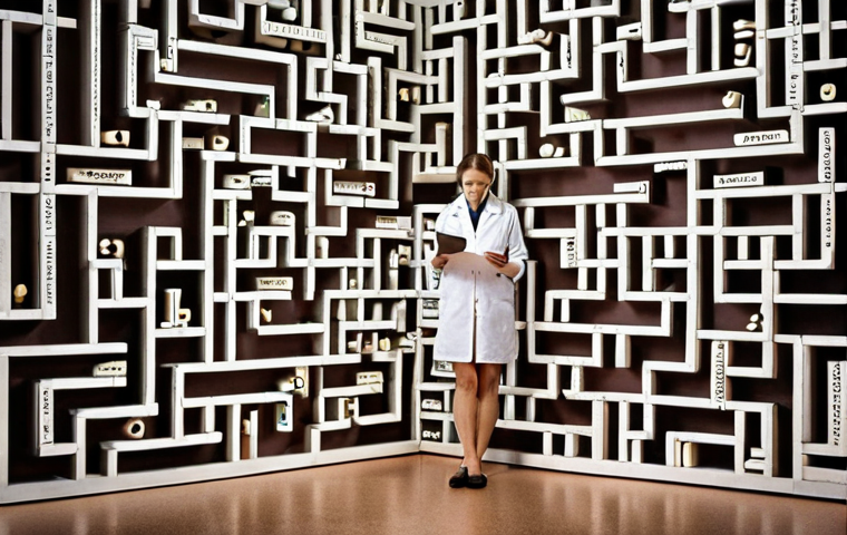 **A researcher looking overwhelmed at a maze representing the scientific writing process, with scattered data points and journal names as part of the maze's structure. The exit is labeled "Publication".** (This visually represents the initial feeling of being lost in the process.)