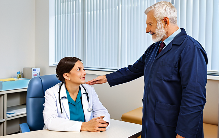 Doctor-Patient Interaction**
A caring general practitioner, fully clothed in professional attire, actively listening to a senior patient in a bright, modern doctor's office. The doctor is making eye contact and nodding empathetically. Safe for work, appropriate content, perfect anatomy, natural proportions, professional, modest clothing, family-friendly. Focus on the connection and trust between them.
**